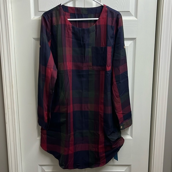 Cupshe Red Green Plaid Long Sleeve Shift Dress NWT - Picture 4 of 14